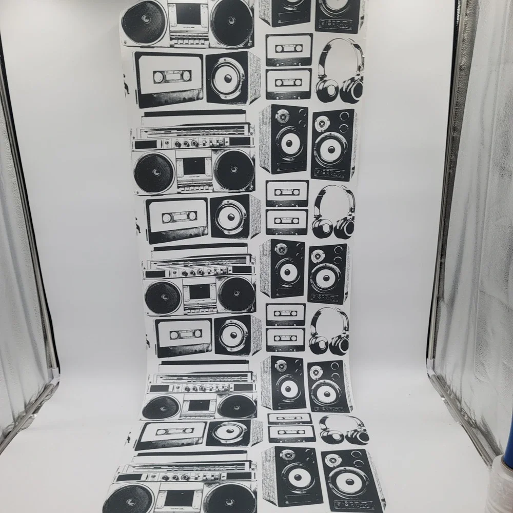 Retro Boombox Cassette Peel and Stick Wallpaper‎ Black White Music Studio Decor